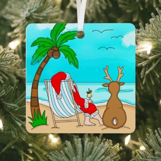 Snowbird Kerstmis, Kerstman en rendier op strand  Metalen Ornament (Insitu)
