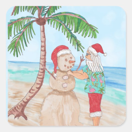Snowbird Santa en Sandy Snowman Vierkante Sticker (Voorkant)