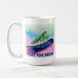 Snowboard bidsprinkhaan bidden voor sneeuw insect koffiemok