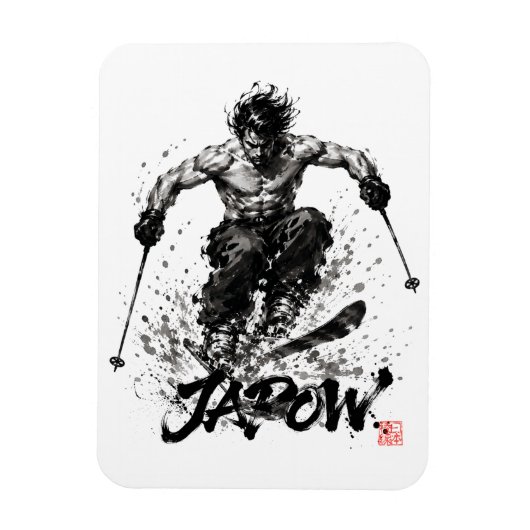 Snowboard Brush Art - Skier Samurai Musashi Ski Magneet (Verticaal)