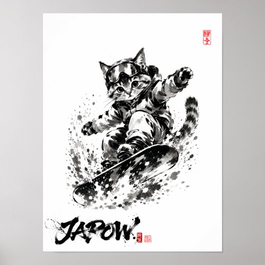 Snowboard Brush Art - Snowboarder cat Poster (Voorkant)