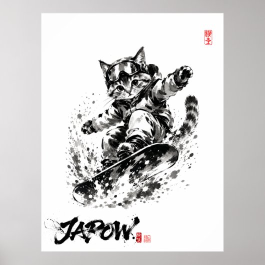 Snowboard Brush Art - Snowboarder cat Poster (Voorkant)