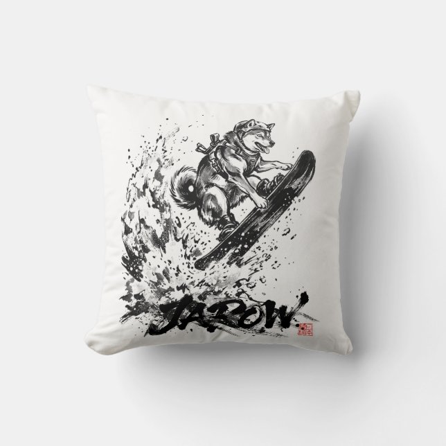 Snowboard Brush Art - Snowboarder Dog Huskey Kussen (Voorkant)