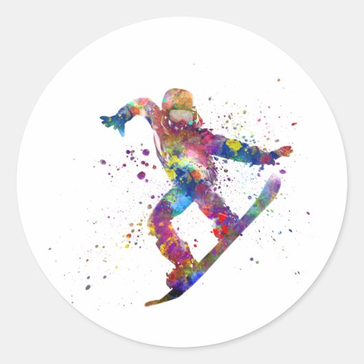 Snowboard in watercolor ronde sticker (Voorkant)