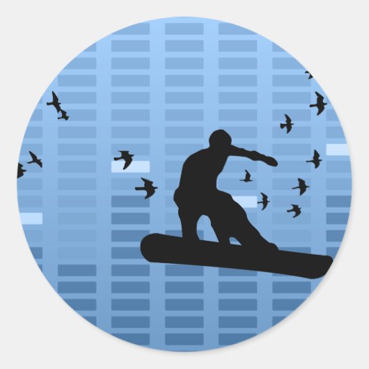 snowboard met vogels. ronde sticker (Voorkant)