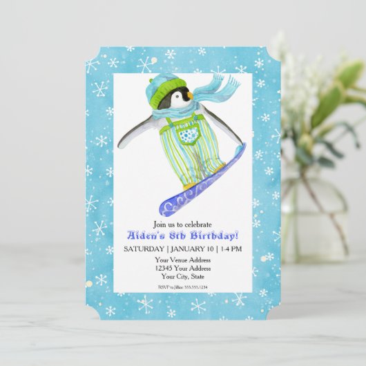 Snowboard Penguin Birthday Party Snowboarding Snow Kaart (Staand voorkant)