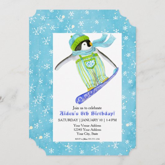 Snowboard Penguin Birthday Party Snowboarding Snow Kaart (Voorkant / Achterkant)