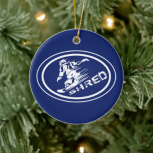 Snowboard "SHRED" Ovaal Snowboarder Label Ornament