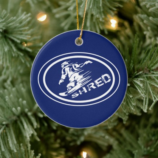 Snowboard "SHRED" Ovaal Snowboarder Label Ornament (Boom)