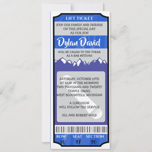 SNOWBOARD TICKET Bar Bat Mitzvah Uitnodiging (Voorkant)