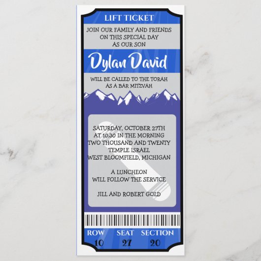 SNOWBOARD TICKET Bar Mitswa uitnodiging (Voorkant)