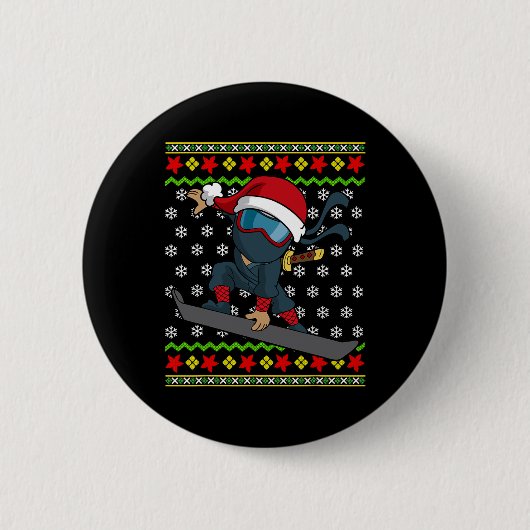Snowboard Ugly KerstSweater Pattern Ninja Sno Ronde Button 5,7 Cm (Voorkant)