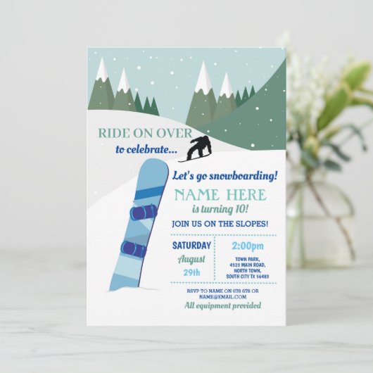 Snowboard verjaardagsfeestje hellingen ski sneeuw kaart (Staand voorkant)