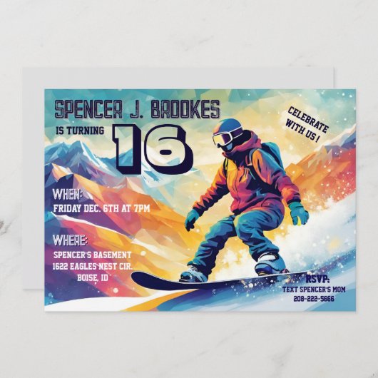 Snowboarden 16e verjaardag kaart (Voorkant / Achterkant)