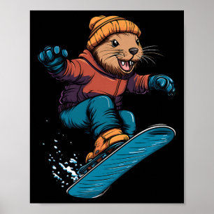 Snowboarden Dieren - Bever op een snowboard Poster