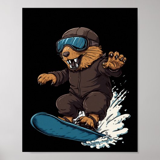 Snowboarden Dieren - Bever op een snowboard Poster (Voorkant)