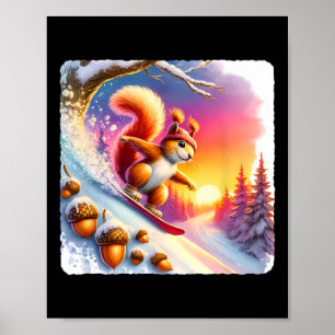Snowboarden eekhoorn op eikel helling bij zonsonde poster