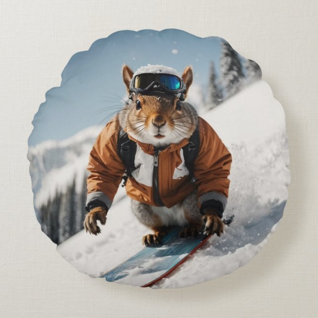 Snowboarden Eekhoorn Wintertime Whimsical Animal Rond Kussen (Voorkant)