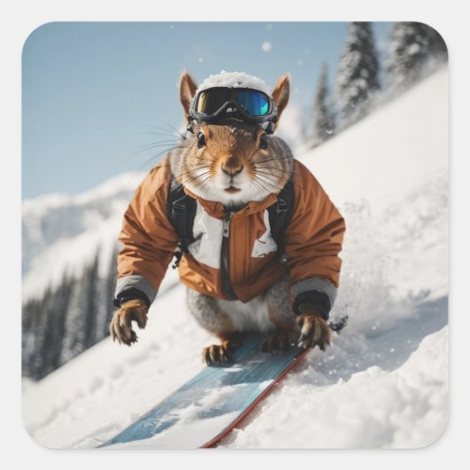 Snowboarden Eekhoorn Wintertime Whimsical Animal Vierkante Sticker (Voorkant)