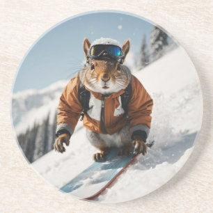 Snowboarden Eekhoorn Wintertime Whimsical Animal Zandsteen Onderzetter