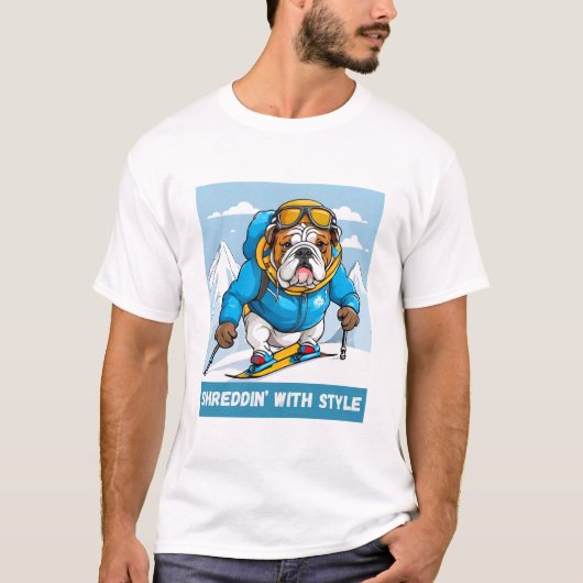 Snowboarden Engels Bulldog Shreddin’ met stijl T-shirt (Voorkant)