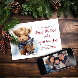 Snowboarden Highland Koe Kerstmis Fotokaart Feestdagenkaart