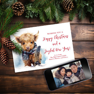 Snowboarden Highland Koe Kerstmis Fotokaart Feestdagenkaart