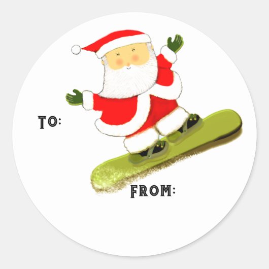Snowboarden kerstcadeaulabels ronde sticker (Voorkant)