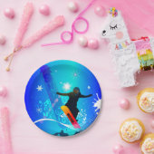 Snowboarden, sneeuwboarder met bord op blauwe acht (Feest)