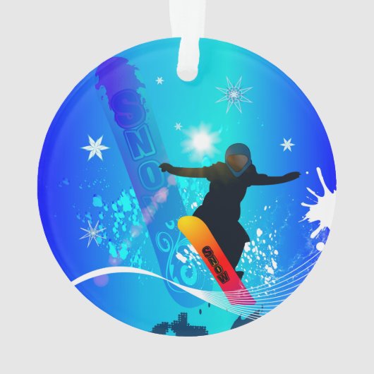 Snowboarden, sneeuwboarder met bord op blauwe acht ornament (achterkant)