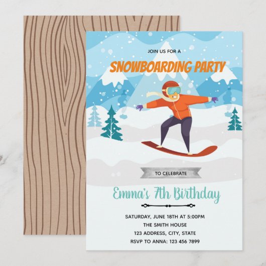 Snowboarden verjaardagsfeestje uitnodiging (Voorkant / Achterkant)