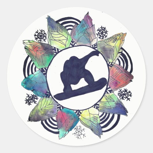 Snowboarder Mountain Flower Ronde Sticker (Voorkant)