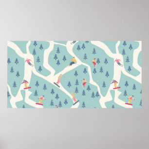 Snowboarders en skiërs rijden in het skioord. Pe Poster