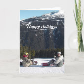 Snowboarders met een Schilderachtig Uitzicht in de Feestdagen Kaart (Voorkant)