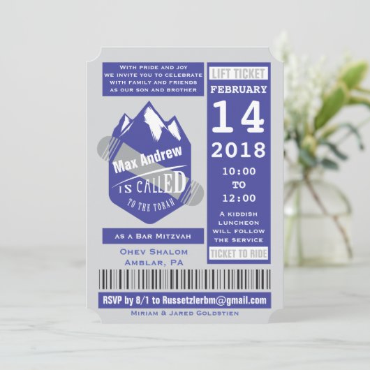 SNOWBOARDING LIFT TICKET Bar Mitzvah Uitnodiging (Staand voorkant)