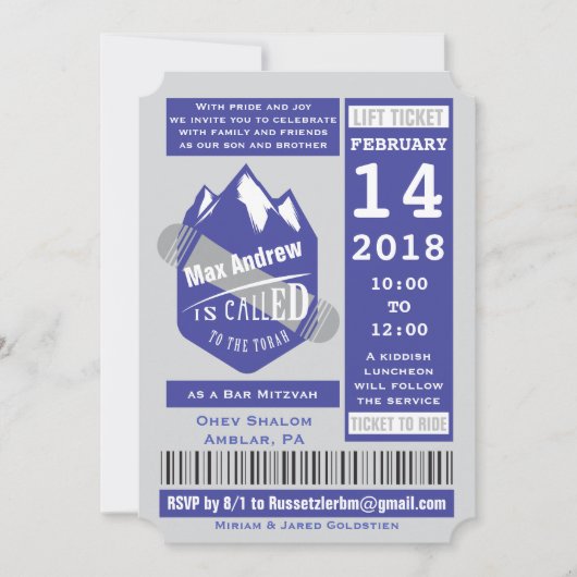 SNOWBOARDING LIFT TICKET Bar Mitzvah Uitnodiging (Voorkant)