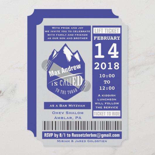 SNOWBOARDING LIFT TICKET Bar Mitzvah Uitnodiging (Voorkant / Achterkant)