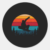 Snowboarding Retro Sunset Skier Ronde Sticker (Voorkant)