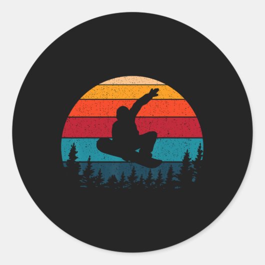 Snowboarding Retro  Sunset Skier Ronde Sticker (Voorkant)