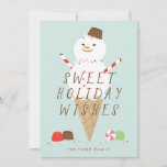 Snowcone-kerstWenskaart Aankondiging<br><div class="desc">Deze schattige geïllustreerde kaart is voorzien van een ware sneeuwpop samen met snoep.</div>