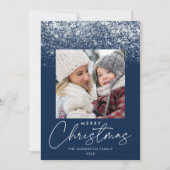 Snowdrift Merry Kerstmis Blauwe Foto Feestdagenkaart (Voorkant)