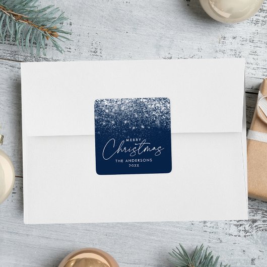 Snowdrift Navy Blue Merry kerst Vierkante Sticker