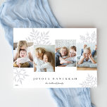 Snowdrop 4 Foto Collage Hanukkah Feestdagenkaart<br><div class="desc">Uniek modern Hanukkah-kaartontwerp biedt favoriete foto's naast elkaar met te grote sneeuwvloksilhouettes op de achtergrond. Personaliseer uw familienaam/-namen en het jaar onder "Joyous Hanukkah" in klassieke letters.</div>