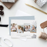 Snowdrop 4 Foto Collage Hanukkah Folie Feestdagenkaart<br><div class="desc">Het unieke moderne vakantiekaartontwerp biedt vier favoriete foto's die naast elkaar zijn geplaatst met overmaatse sneeuwvlokjes op de achtergrond met een overmaat zilveren folie. Personaliseer met uw aangepaste Hanukkah-begroeting en familienaam/-namen onder in klassieke letters; getoond met "Joyous Hanukkah".</div>
