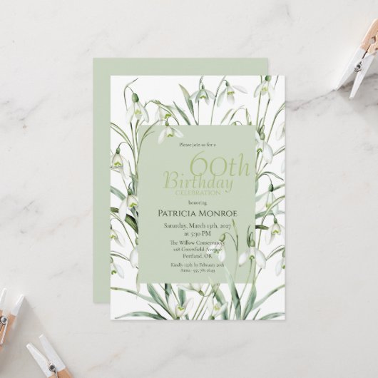 Snowdrop 60th Birthday Watercolor Botanical Green Kaart (Voorkant / Achterkant in situ)