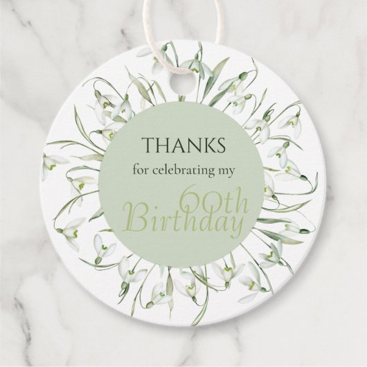 Snowdrop 60th Birthday Watercolor Botanical Thanks Bedankjes Labels (Voorkant)
