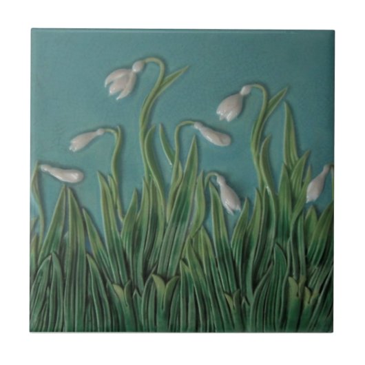 Snowdrops Majolica Faux Relief c1875 Antiek Repro Tegeltje (Voorkant)