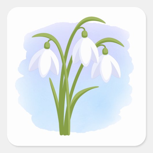 Snowdruppels - Lentbloemen op Waterverf Blauw Vierkante Sticker (Voorkant)