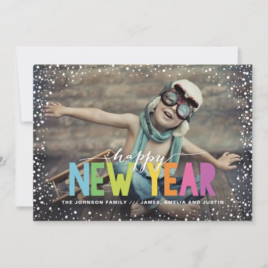 Snowfall Colorful Happy Nieuwjaarsfoto Feestdagenkaart (Voorkant)