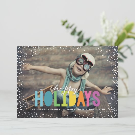 Snowfall Colorful Prettige feestdagen Foto Feestdagenkaart (Staand voorkant)